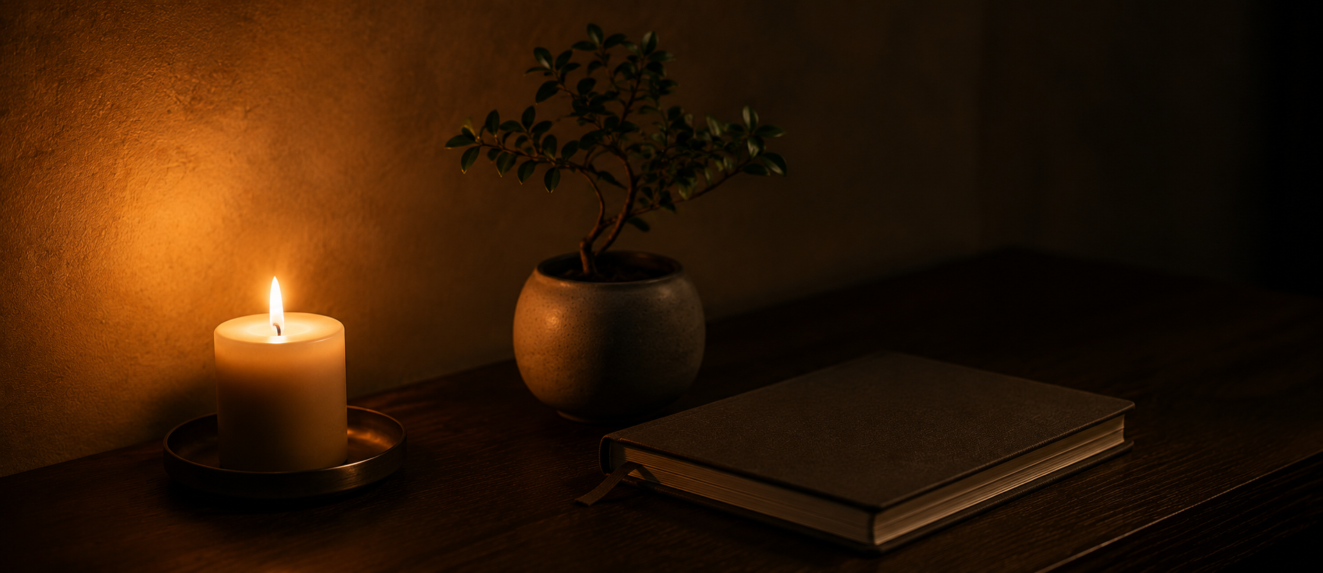 Curated dark room with small candle, book and calm object arrangement