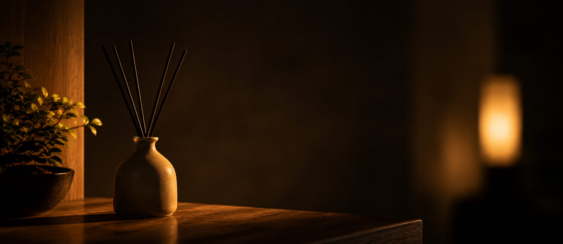 Ceramic diffuser with reed sticks and soft ambient glow on a dark wood surface