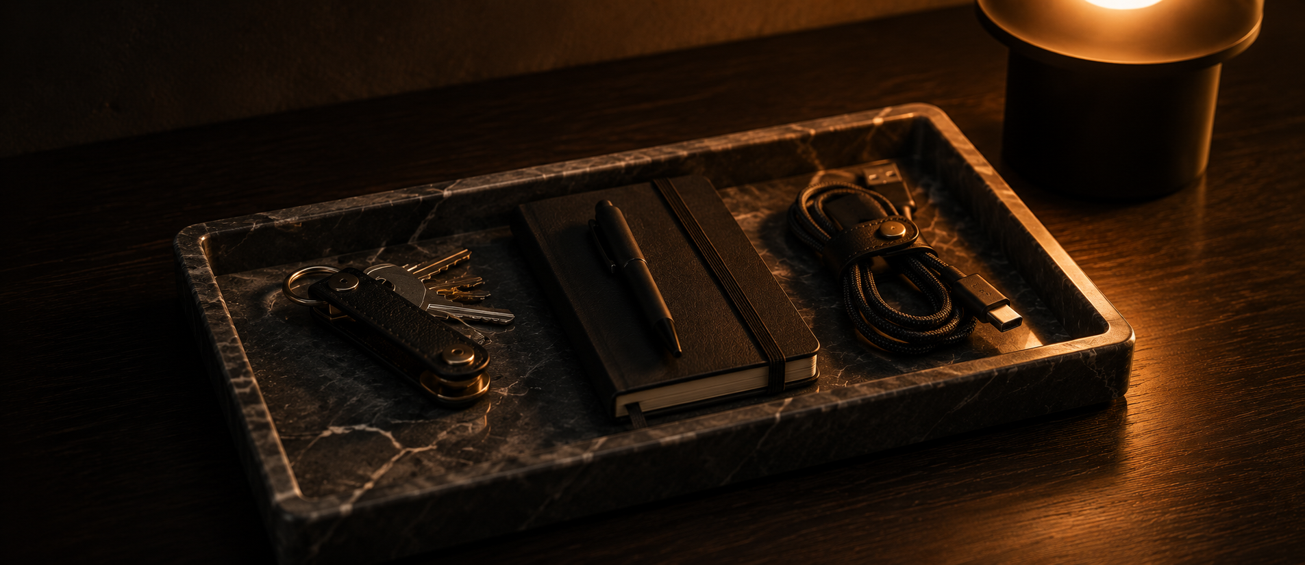 Minimal marble catchall tray with keys and small objects in evening light